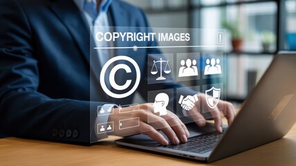 A person works on a laptop with "COPYRIGHT IMAGES" and legal icons, symbolizing intellectual property, digital rights, and content protection.