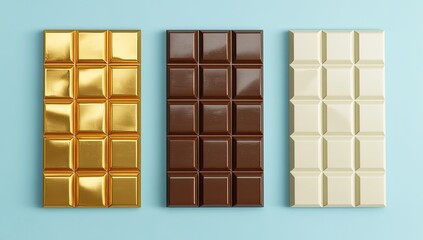 Three chocolate bars, gold, dark, and white, arranged horizontally on a light blue surface