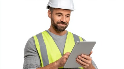 Engineer ensuring safety with tablet data analysis on construction site male supervisor in protective helmet