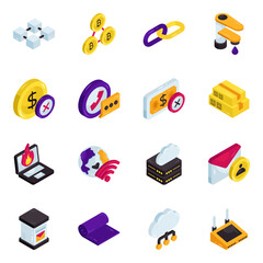 Set of Currency and Network Isometric Icons


