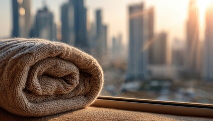 Rolled beige knitted blanket at window overlooking city skyline at sunset