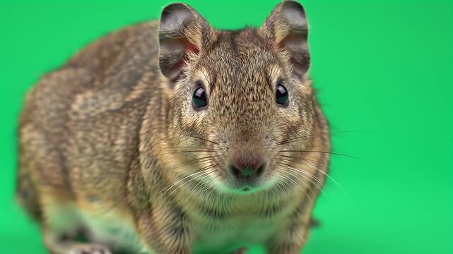 Adorable Degu Rodent Portrait on Bright Green Screen Background, Isolated Small Pet Looking at Camera