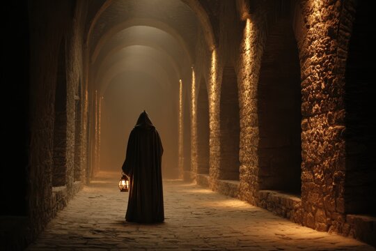 A hooded monk walking along a stone corridor in a dark alley, mysterious and eerie atmosphere