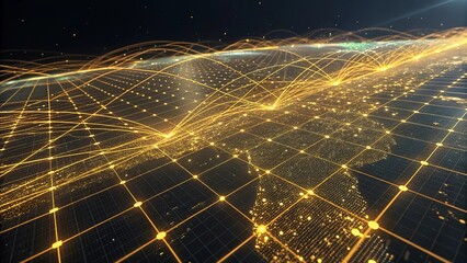 High resolution abstract 3D visualization of bright golden trading lines weaving across a holog, showing vibrant trading energy flow in futuristic digital style