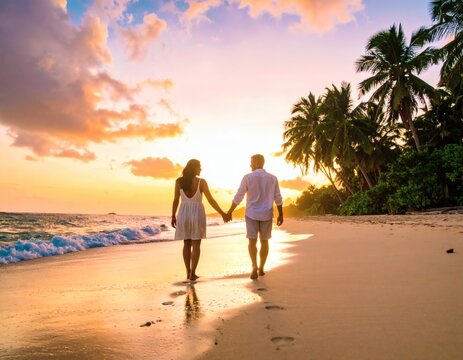 Romantic couple holding hands walking on a tropical beach during a beautiful sunset, enjoying their vacation getaway together.