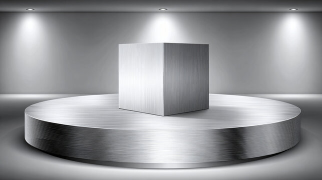 Brushed metal cube on a round platform, industrial design element
