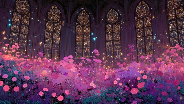 A fantasy cathedral garden filled with glowing flowers - Powered by Adobe