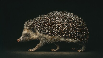 Hedgehog with spiky coat walking on dark background, side view