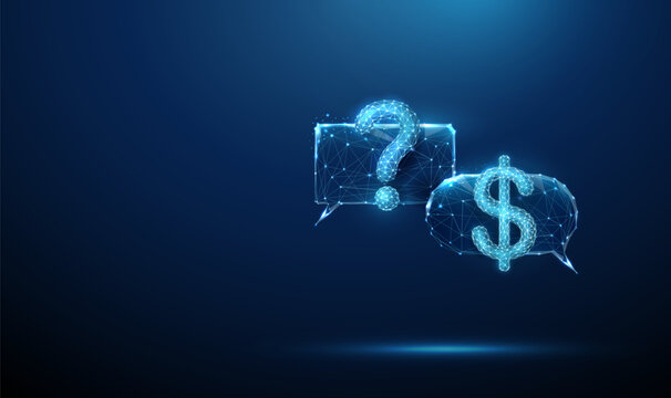 Blue futuristic chat bubbles with question mark and dollar sign. AI-powered chatbots, automated customer support, real-time response systems, intelligent assistance concept.