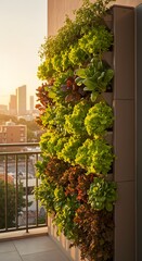 Fototapeta premium Vertical garden balcony urban gardening lettuce herbs cityscape green wall fresh produce home grown plants 100