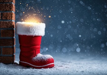 Magical Santa boot with glowing light in snowy winter scene. Merry Christmas and Happy New Year banner with copy space