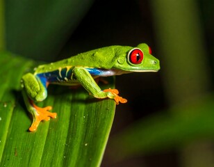Fototapeta premium A vibrant red-eyed tree frog with bright green skin, blue and yellow flanks, and orange toes sits perched on a lush green leaf in its tropical habitat.