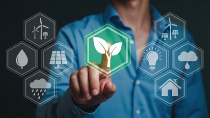 Person interacting with digital icons representing renewable energy and sustainability