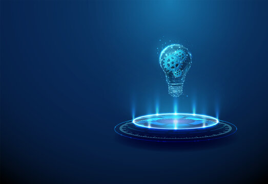 Light bulb with gears inside on futuristic podium. Innovation, artificial intelligence technologies and smart technology concept. Wireframe low poly style