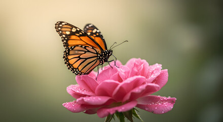 Obraz premium Monarch butterfly perched delicately on a vibrant pink rose blossom in spring morning