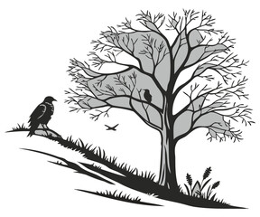 silhouette of leafless tree with perched birds and flying crow on hillside in black and white art