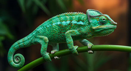 Obraz premium Majestic green chameleon gracefully perched on a vibrant branch displaying nature's wonder