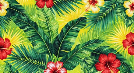 Lush foliage with red  yellow hibiscus flowers Dense composition of diverse tropical plants