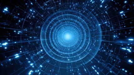 Obraz premium Digital e-learning network connectivity concept. A vibrant, digital tunnel of light radiating from a central point, surrounded by intricate patterns and glowing elements, creating a sense of depth.