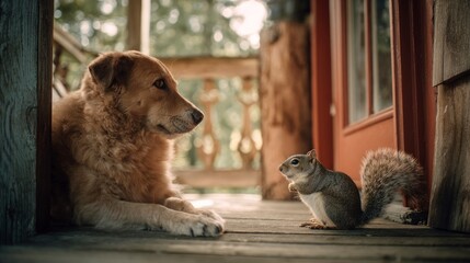 Golden retriever and squirrel on porch