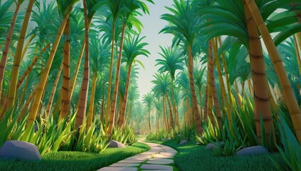 Palm-lined path through a lush, cartoon jungle