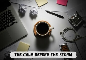 Flat lay of messy office desk with coffee cup and text "The Calm Before The Storm"