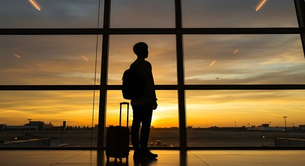 Silhouette of a traveler watching planes take off through large airport windows at sunrise, peaceful and inspiring scene, ultra-realistic, soft warm light, sense of wanderlust, anticipation.