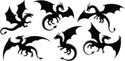 Dragon silhouette collection, fantasy creature poses, mythical beast artwork, flying dragons, vector illustration, game design asset, tattoo reference, black shapes