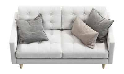 Fototapeta premium Midcentury tufted white fabric upholstery sofa with pillows and fur throw plaid. 3d render.