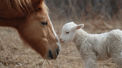 Obraz premium Horse and lamb close up