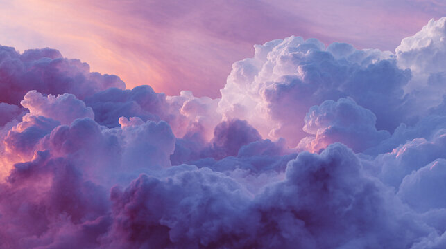 A view of fluffy clouds with pink and purple hues filling the entire frame space