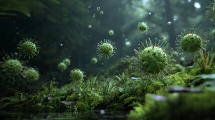 Green microbes forest setting