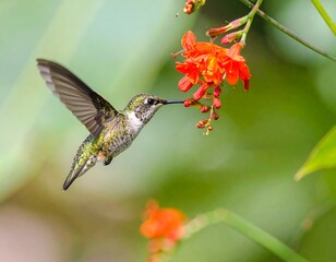 Fototapeta premium A vibrant hummingbird with striking green and white feathers hovers gracefully, its long beak reaching into a beautiful orange flower to drink nectar.
