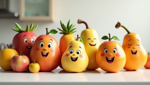 Una variedad vibrante y animada de personajes de frutas felices con caras sonrientes y brillantes, cada una con rasgos faciales distintivos