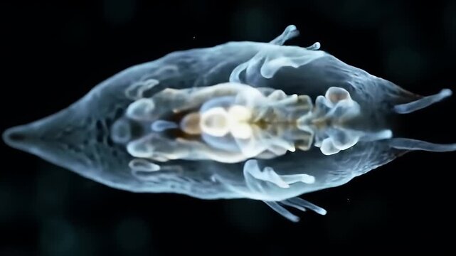 Microscopic Bioluminescent Organism in Dark Water Detailed Study of Aquatic Life Illuminated Internal Structures Translucent Body Glowing Core