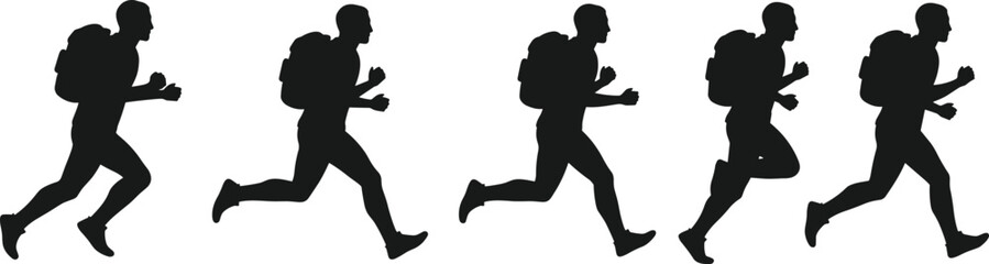 Silhouette sequence of running person with backpack, motion study, biomechanics, sports science, dynamic stride phases, fitness illustration, active lifestyle