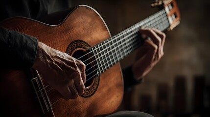 Fototapeta premium Close-Up Hands Strumming Classical Guitar – Warm Tones with Rustic Studio Background