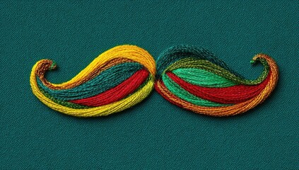 Colorful thread mustache on teal fabric