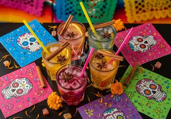 Fototapeta premium Colorful Mexican Day of the Dead drinks with sugar skulls and marigolds