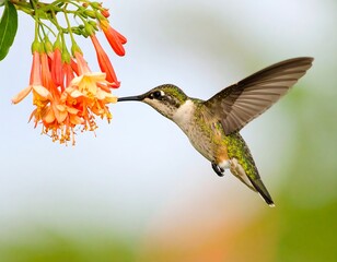 Fototapeta premium A vibrant hummingbird with striking green and white feathers hovers gracefully, its long beak reaching into a beautiful orange flower to drink nectar.