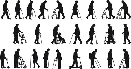 Silhouettes of elderly people using mobility aids, cane, walker, wheelchair, rollator, scooter, support and movement independence grid set
