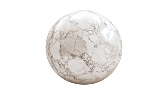 White marble texture shows veining, creates a sphere shape. Great for 3D rendering, abstract art, and luxury branding.