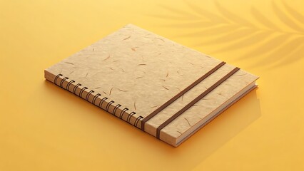 A kraft paper notebook with a pen holder on a yellow surface