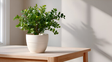 A green houseplant in a white ceramic pot sits on a wooden table in the sunlight. The calm, natural scene is perfect for home decor, wellness, or biophilic design themes.