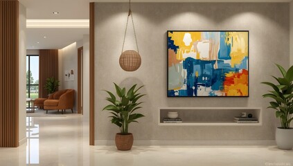 Modern abstract art painting adorns a contemporary hallway with plants