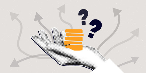 Hand holding stack of coins with question marks, arrows pointing in different directions, concept of financial decisions, planning, investment risks, money management. Modern retro vector illustration