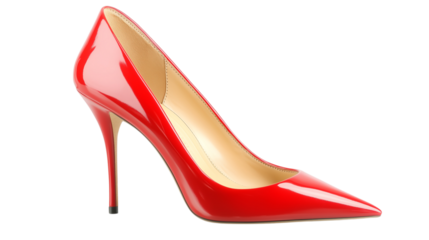 Red stiletto heel shines with glossy texture. Its elegant form suits fashion product shots, ads, and style blogs.