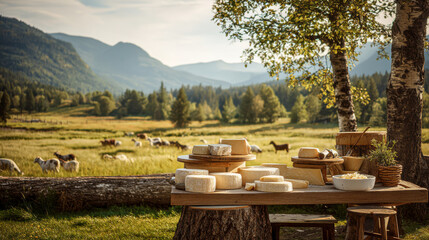 A family cheese factory presents a rustic display of local, handmade products in a rural setting.