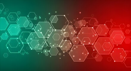 Digital abstract background with glowing translucent hexagonal pattern and gradient from green to red showing layered tech elements in modern futuristic style for science and presentation visuals