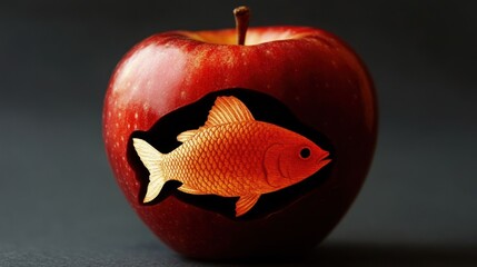 Red apple with golden fish cutout